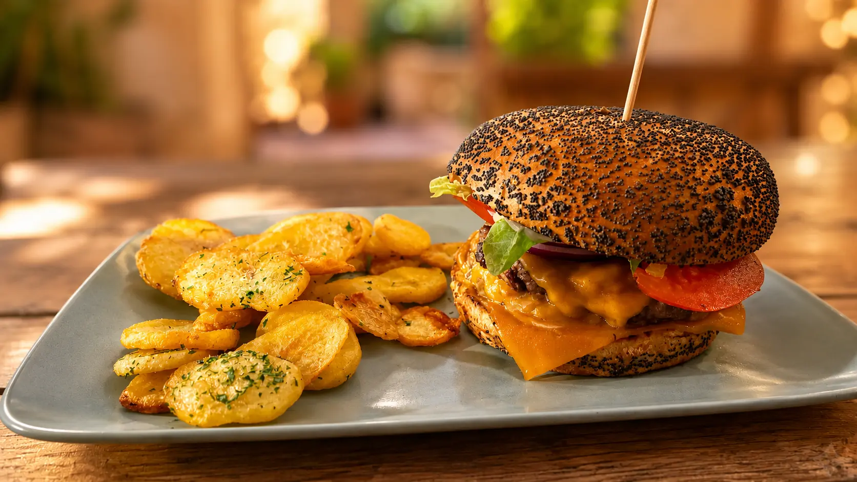 Cheeseburger du Quésaco au pain artisanal, cheddar et pommes de terre sautées