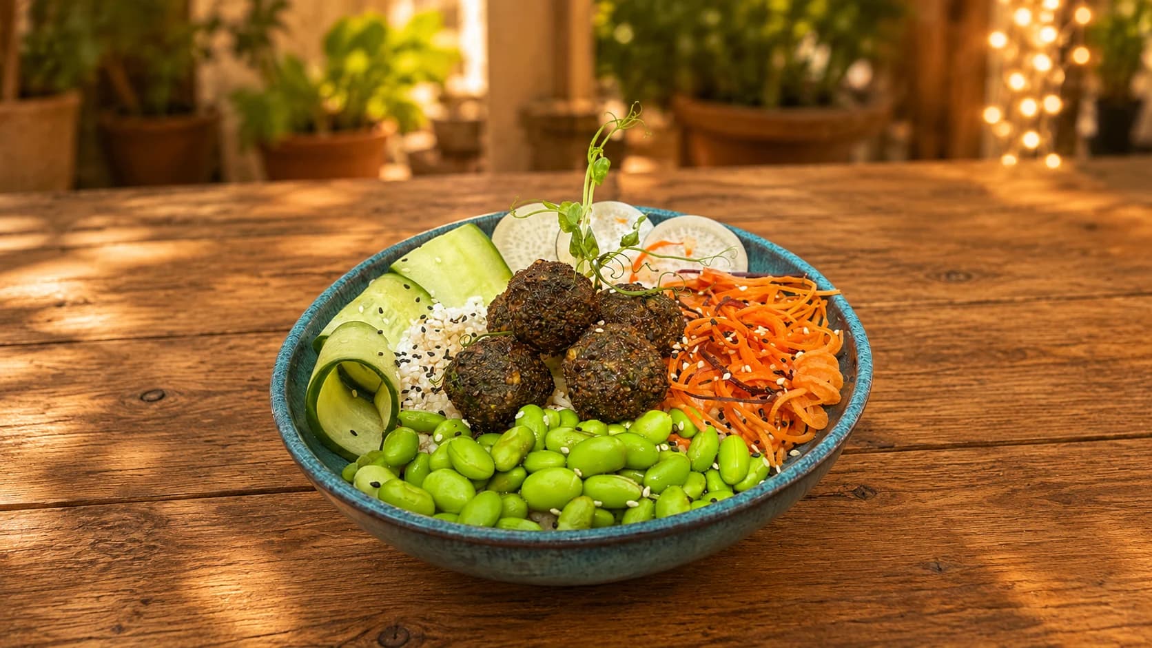 Poké bowl du Quésaco avec poulet pané, edamame, carottes et concombre